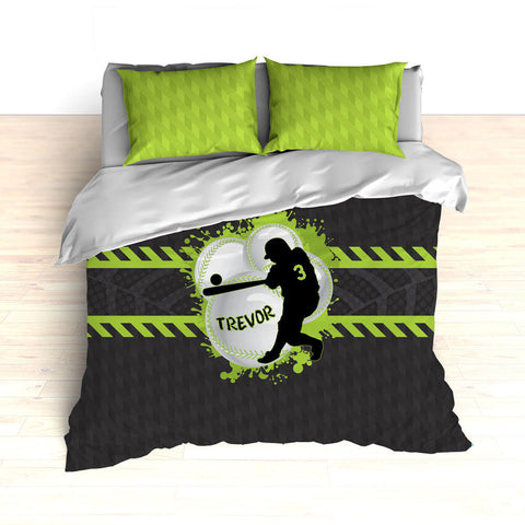 Baseball Bedding, Green, Gray, Black, Weave Pattern, Splash Paint Design, Personalized, Duvet, Comforter, King, Twin, Queen, Toddler, Grey - 2cooldesigns