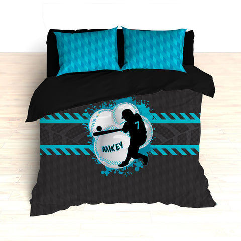 Baseball Bedding, Blue, Gray, Black, Weave Pattern, Splash Paint Design, Personalized, Duvet, Comforter, King, Twin, Queen, Toddler, Grey - 2cooldesigns