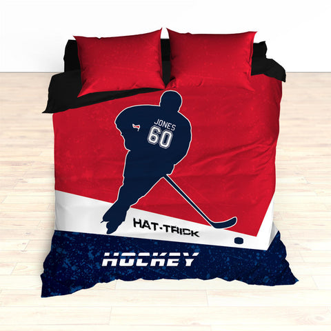 Hockey Bedding, Hat-Trick, Personalized Duvet or Comforter, Custom Hockey Bedding, Caps Bedding, Blue, Red, White, King, Queen, Twin - 2cooldesigns