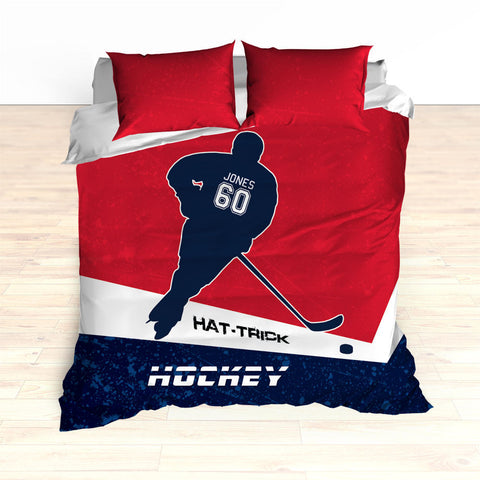 Hockey Bedding, Hat-Trick, Personalized Duvet or Comforter, Custom Hockey Bedding, Caps Bedding, Red, Navy, White, King, Queen, Twin - 2cooldesigns