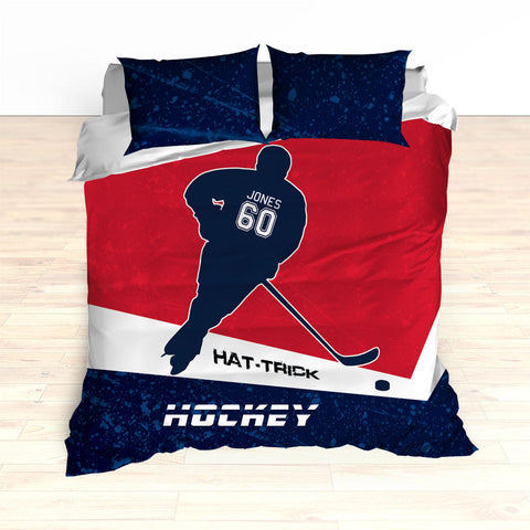 Hockey Bedding, Hat-Trick, Personalized Duvet or Comforter, Custom Hockey Bedding, Caps Bedding, Blue, Red, White, King, Queen, Twin - 2cooldesigns
