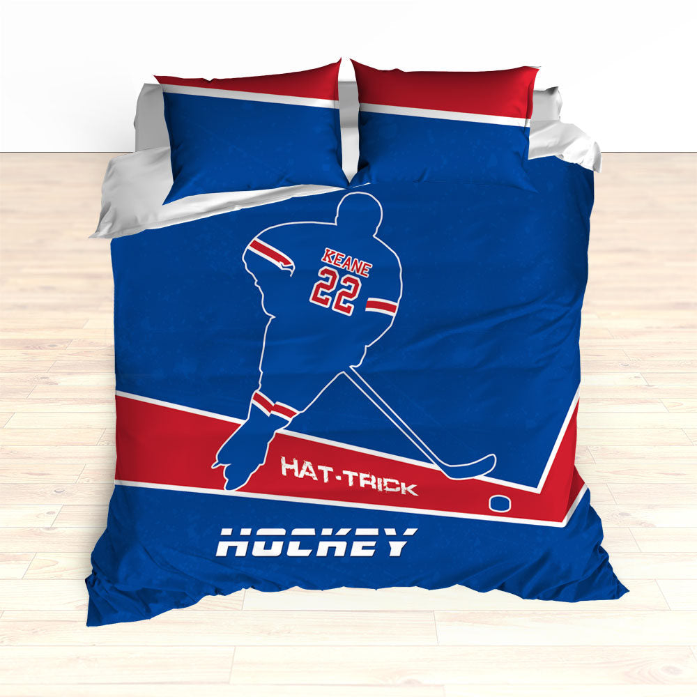 Hockey Bedding, Hat-Trick, Personalized Duvet or Comforter, Custom Hockey Bedding, Caps Bedding, Blue, Red, White, King, Queen, Twin - 2cooldesigns