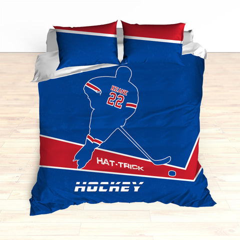 Hockey Bedding, Hat-Trick, Personalized Duvet or Comforter, Custom Hockey Bedding, Caps Bedding, Blue, Red, White, King, Queen, Twin - 2cooldesigns