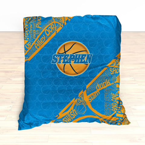 Custom Basketball Word Art Bedding, Basketball Duvet, Basketball Comforter, Blue, Yellow, Basketball, King, Twin, Queen, Personalized - 2cooldesigns