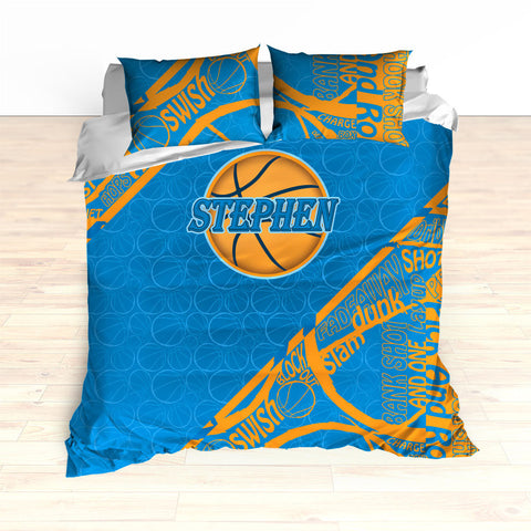 Custom Basketball Word Art Bedding, Basketball Duvet, Basketball Comforter, Blue, Yellow, Basketball, King, Twin, Queen, Personalized - 2cooldesigns