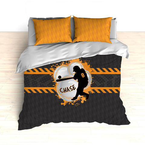Baseball Bedding, Orange, Grey and Black, Weave Pattern, Splash Paint Design, Personalized, Duvet, Comforter, King, Twin, Queen, Toddler - 2cooldesigns