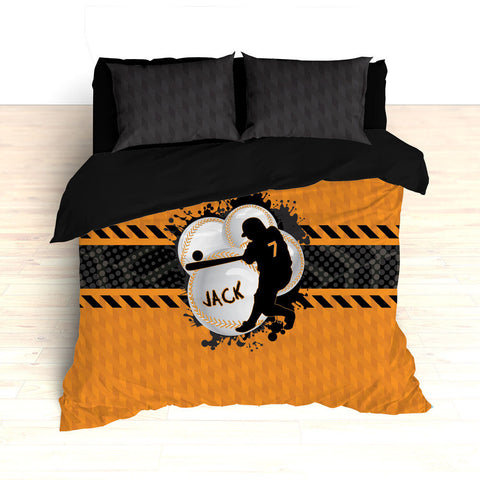 Baseball Bedding, Orange, Grey and Black, Weave Pattern, Splash Paint Design, Personalized, Duvet, Comforter, King, Twin, Queen, Toddler - 2cooldesigns