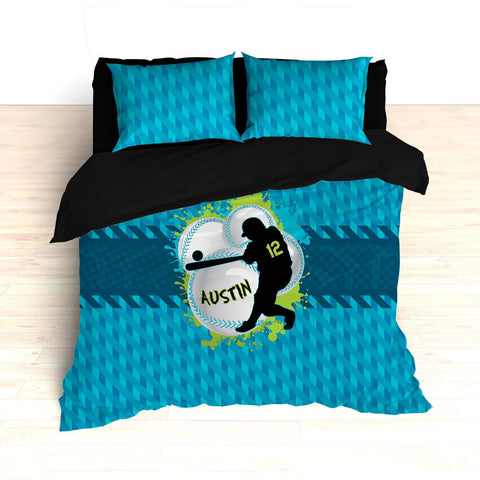 Baseball Bedding, Blue, Teal and Green, Weave Pattern, Splash Paint Design, Personalized, Duvet, Comforter, King, Twin, Queen, Toddler - 2cooldesigns