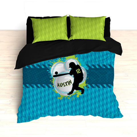 Baseball Bedding, Blue, Teal and Green, Weave Pattern, Splash Paint Design, Personalized, Duvet, Comforter, King, Twin, Queen, Toddler - 2cooldesigns
