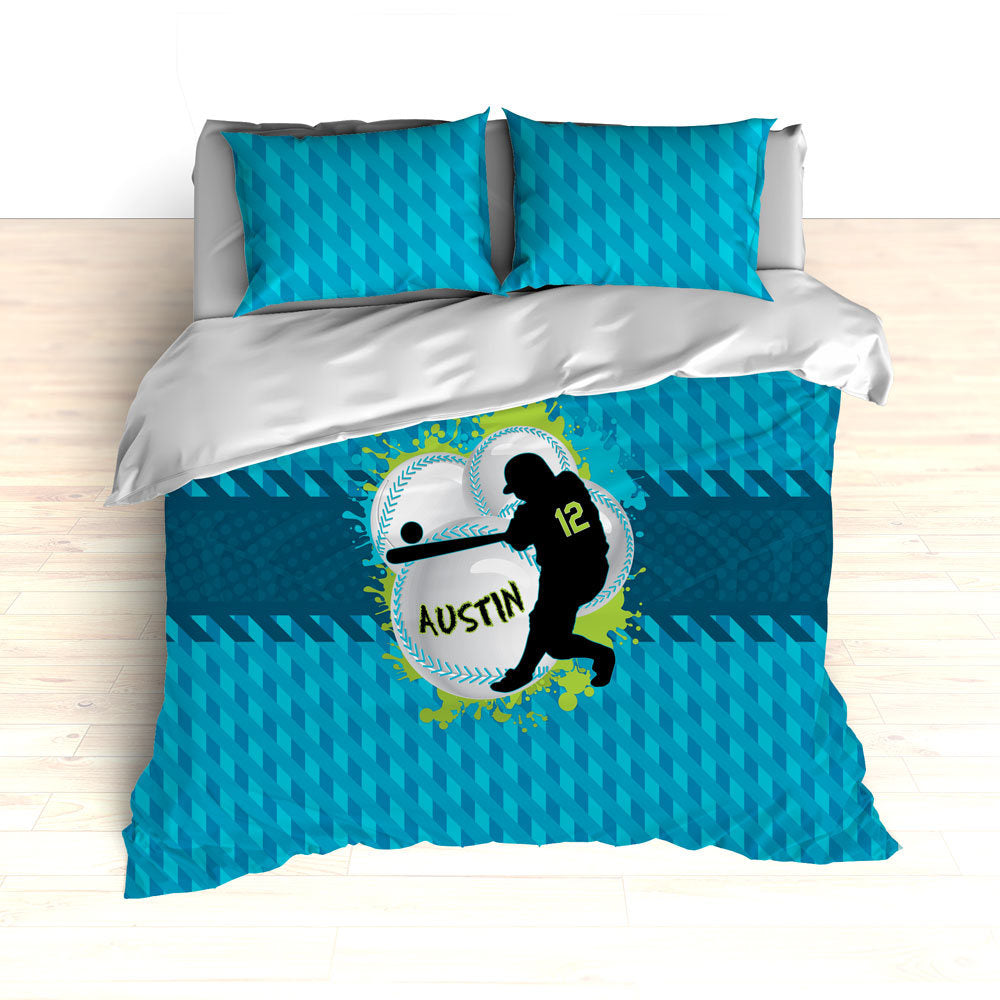 Baseball Bedding, Blue, Teal and Green, Weave Pattern, Splash Paint Design, Personalized, Duvet, Comforter, King, Twin, Queen, Toddler - 2cooldesigns