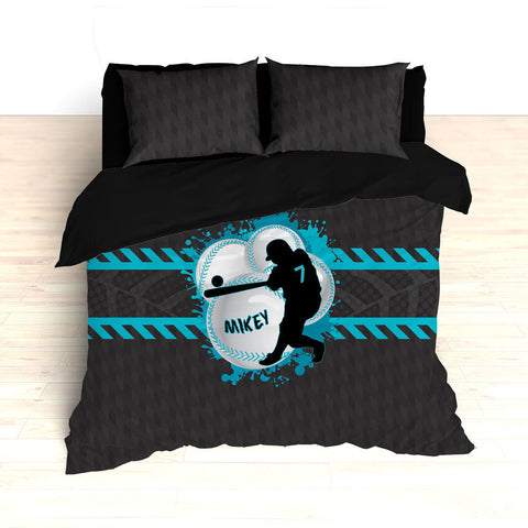 Baseball Bedding, Blue, Gray, Black, Weave Pattern, Splash Paint Design, Personalized, Duvet, Comforter, King, Twin, Queen, Toddler, Grey - 2cooldesigns
