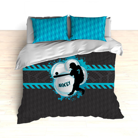 Baseball Bedding, Blue, Gray, Black, Weave Pattern, Splash Paint Design, Personalized, Duvet, Comforter, King, Twin, Queen, Toddler, Grey - 2cooldesigns