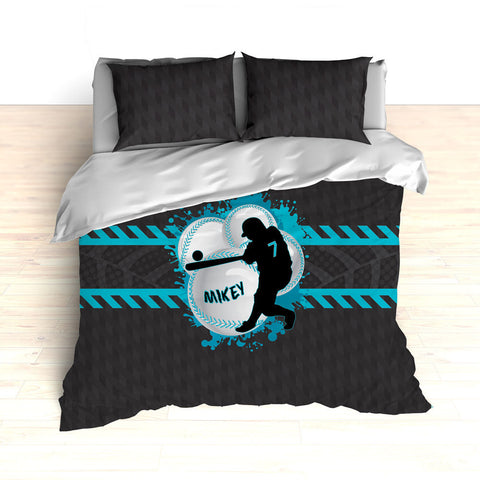 Baseball Bedding, Blue, Gray, Black, Weave Pattern, Splash Paint Design, Personalized, Duvet, Comforter, King, Twin, Queen, Toddler, Grey - 2cooldesigns