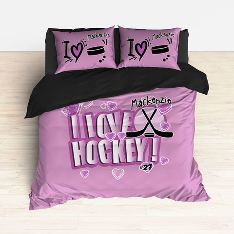 Personalized Hockey Bedding, HOT PINK, I Love Hockey, Hockey Themed Bedroom - 2cooldesigns