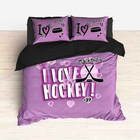 Personalized Hockey Bedding, HOT PINK, I Love Hockey, Hockey Themed Bedroom - 2cooldesigns