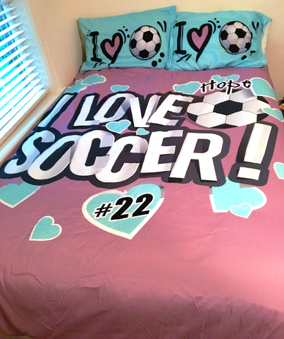 I Love Soccer Theme Bedding, Duvet or Comforter Sets, Mauve and Teal - 2cooldesigns
