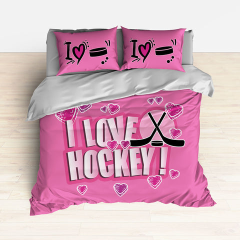 Personalized Hockey Bedding, HOT PINK, I Love Hockey, Hockey Themed Bedroom - 2cooldesigns