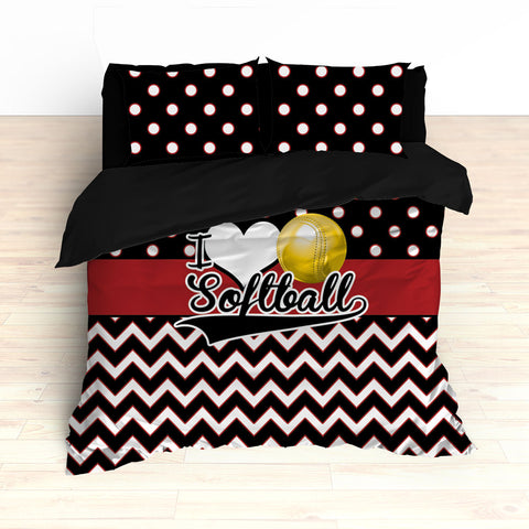 Personalized Softball Theme Bedding, Duvet or Comforter Sets, Red and Black Chevron - 2cooldesigns