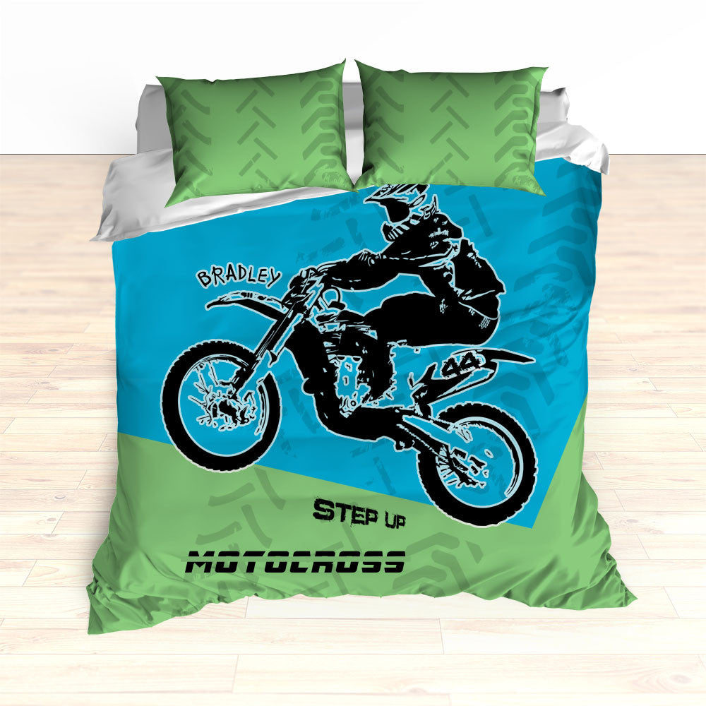 Motocross Bedding Personalized, Comforter, Duvet, Dirt Bike, Freestyle, Green, Blue - 2cooldesigns