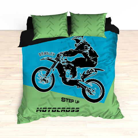 Motocross Bedding Personalized, Comforter, Duvet, Dirt Bike, Freestyle, Green, Blue - 2cooldesigns