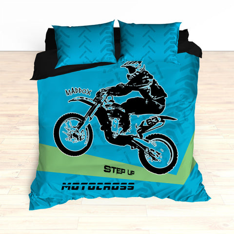 Motocross Bedding Personalized, Comforter or Duvet,  Dirt Bike, Freestyle Motocross, Blue and Green - 2cooldesigns