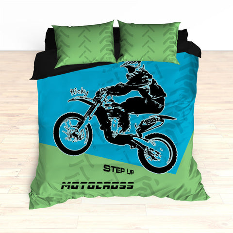 Motocross Bedding Personalized, Comforter, Duvet, Dirt Bike, Freestyle, Green, Blue - 2cooldesigns