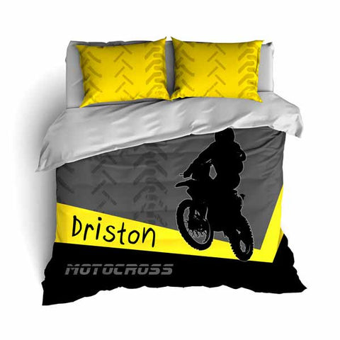 Personalized Motocross Comforter or Duvet, Motocross Bedding, Dirt Bike, Freestyle Motocross, Yellow - 2cooldesigns