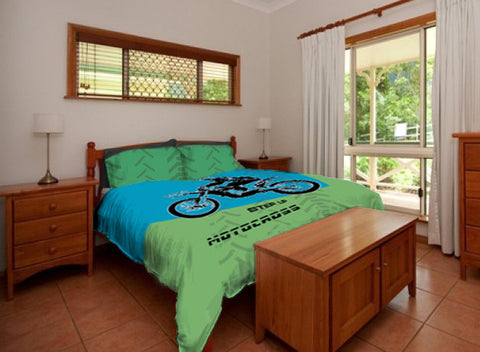 Motocross Bedding Personalized, Comforter, Duvet, Dirt Bike, Freestyle, Green, Blue - 2cooldesigns