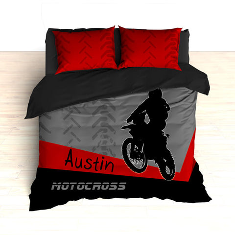 Personalized Motocross Comforter or Duvet, Motocross Bedding, Dirt Bike, Freestyle Motocross, Red and Black - 2cooldesigns