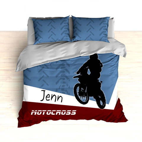 Personalized Motocross Comforter or Duvet, Dirt Bike, Freestyle, Blue and Maroon - 2cooldesigns