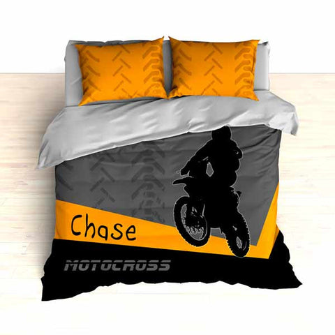 Personalized Motocross Comforter or Duvet, Motocross Bedding, Dirt Bike, Freestyle Motocross, Orange - 2cooldesigns