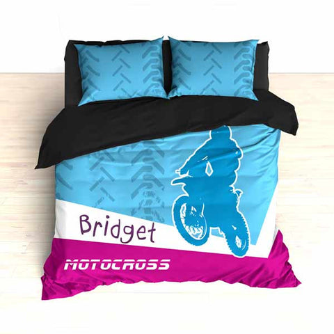 Personalized Motocross Comforter or Duvet, Motocross Bedding, Blue and Pink - 2cooldesigns