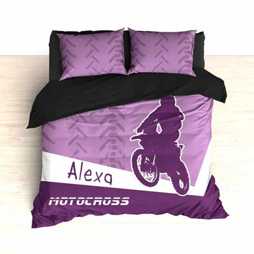 Personalized Motocross Comforter or Duvet, Motocross Bedding, Dirt Bike, Freestyle Motocross, Purple - 2cooldesigns