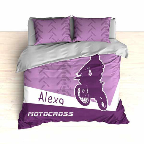 Personalized Motocross Comforter or Duvet, Motocross Bedding, Dirt Bike, Freestyle Motocross, Purple - 2cooldesigns