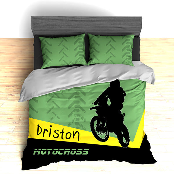 Personalized Motocross Comforter or Duvet, Motocross Bedding, Dirt Bike, Freestyle Motocross, Green - 2cooldesigns