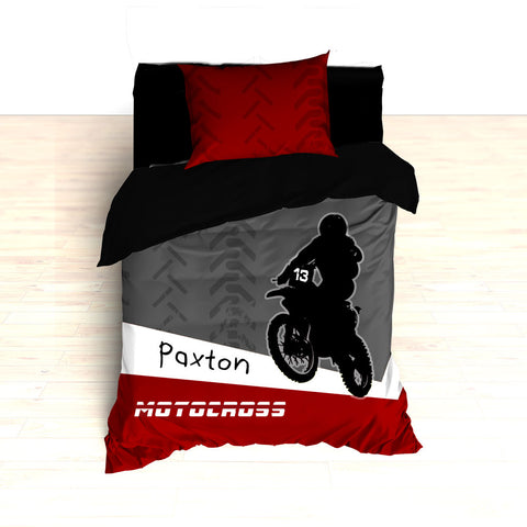 Personalized Motocross Comforter or Duvet, Motocross Bedding, Dirt Bike, Freestyle Motocross, Red and Black - 2cooldesigns