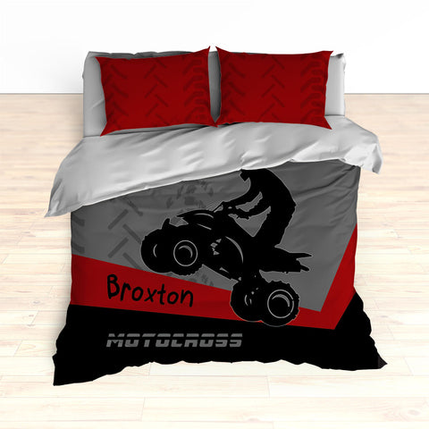 Quad Dirt Bike ATV Motocross Bedding, Red, Black, Personalized - 2cooldesigns