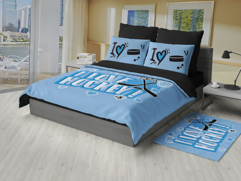 Personalized Hockey Bedding, Duvet or Comforter Sets, Hockey Themed Bedroom Baby Blue - 2cooldesigns