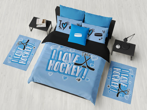 Personalized Hockey Bedding, Duvet or Comforter Sets, Hockey Themed Bedroom Baby Blue - 2cooldesigns