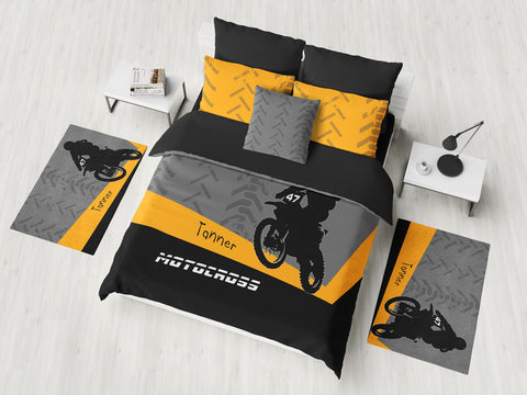 Personalized Motocross Comforter or Duvet, Motocross Bedding, Dirt Bike, Freestyle Motocross, Orange - 2cooldesigns