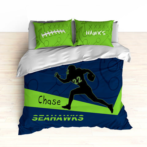Seahawks Bedding, Personalized Football Bedding, Green and Blue Football Bedding - 2cooldesigns