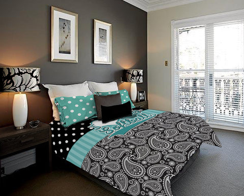 Personalized Paisley Softball Bedding, Duvet or Comforter Sets, Teal and Black Paisley - 2cooldesigns