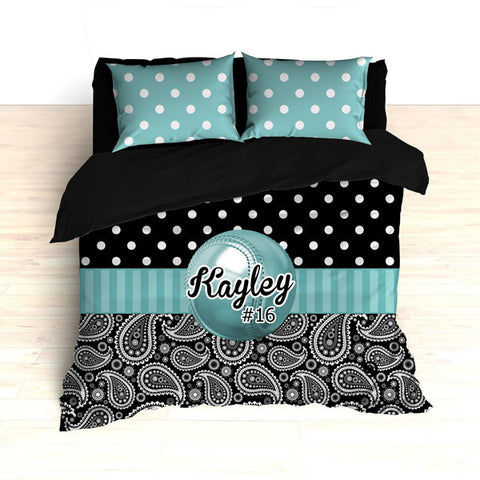 Personalized Paisley Softball Bedding, Duvet or Comforter Sets, Teal and Black Paisley - 2cooldesigns