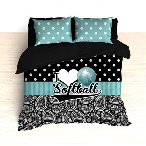 Personalized Paisley Softball Bedding, Duvet or Comforter Sets, Teal and Black Paisley - 2cooldesigns