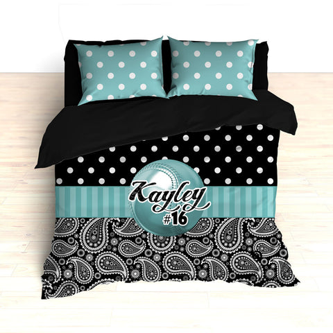 Personalized Paisley Softball Bedding, Duvet or Comforter Sets, Teal and Black Paisley - 2cooldesigns