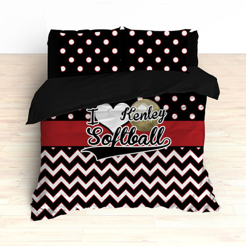 Personalized Softball Theme Bedding, Duvet or Comforter Sets, Red and Black Chevron - 2cooldesigns