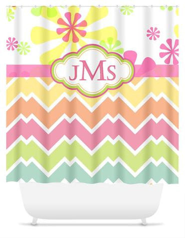 Spring Flowers and Candy Chevron Shower Curtain with Monogram, Personalized - 2cooldesigns