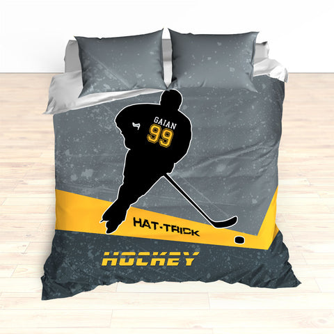 Personalized Hockey Bedding, Black and Yellow, Custom Duvet or Comforter Sets, Hat Trick Hockey - 2cooldesigns