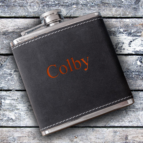 6oz Suede Flask with Orange Lettering - 2cooldesigns