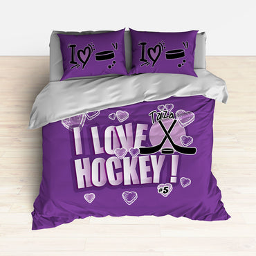 Purple Personalized Hockey Bedding, I Love Hockey, Custom Duvet or Comforter Sets - 2cooldesigns
